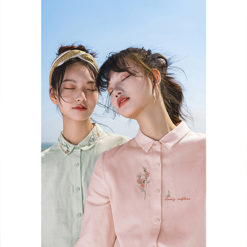 茵曼旗舰店长袖绣花复古纯棉衬衫 茵曼一零一度衬衫