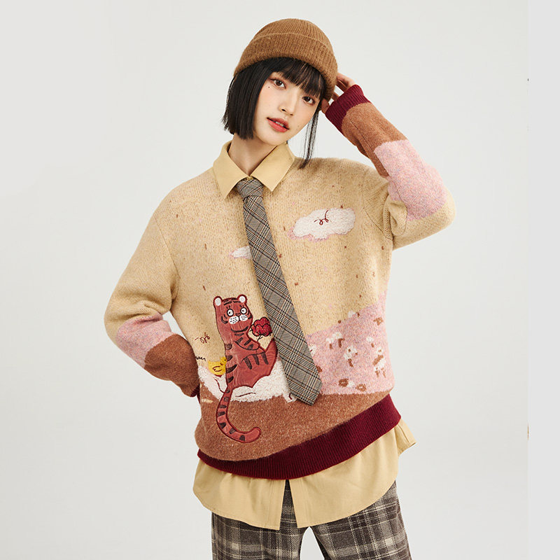 茵曼休闲冬季圣诞新款撞色圆领毛衣 茵曼一零一度毛衣