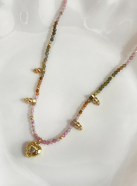 春夏爱心彩虹串珠高透7A天然碧玺串珠项链颈链女百搭轻奢高级感