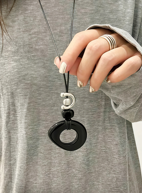 新中式黑曜石吊坠项链黑色长款