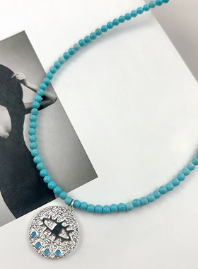 手工串珠小众设计仿绿松石圆牌吊坠项链女恶魔之眼锁骨链时尚百搭