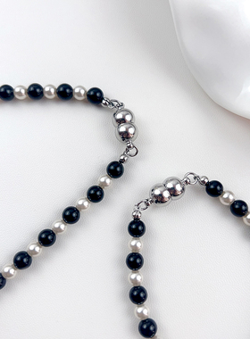 施家珍珠黑玛瑙拼接款项链手链女磁吸扣小众显白精致轻奢高级感