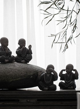 速发中式居砂禅意四不小和尚创意摆件家紫书房书柜工面装饰桌艺品