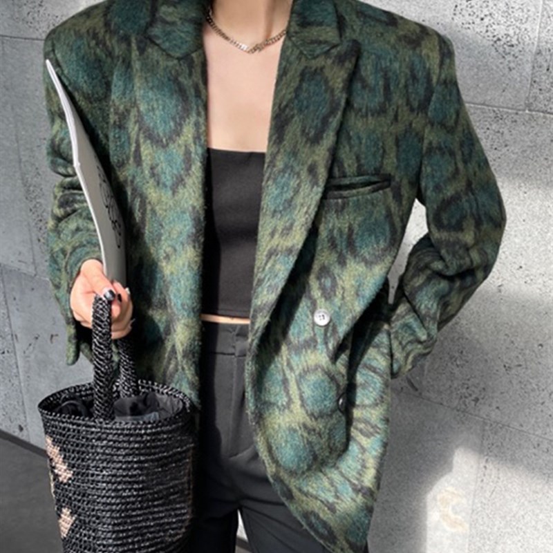 速发TWOTWINSTYLE Green Leopard Graphic Female Blazer Notched - 图0