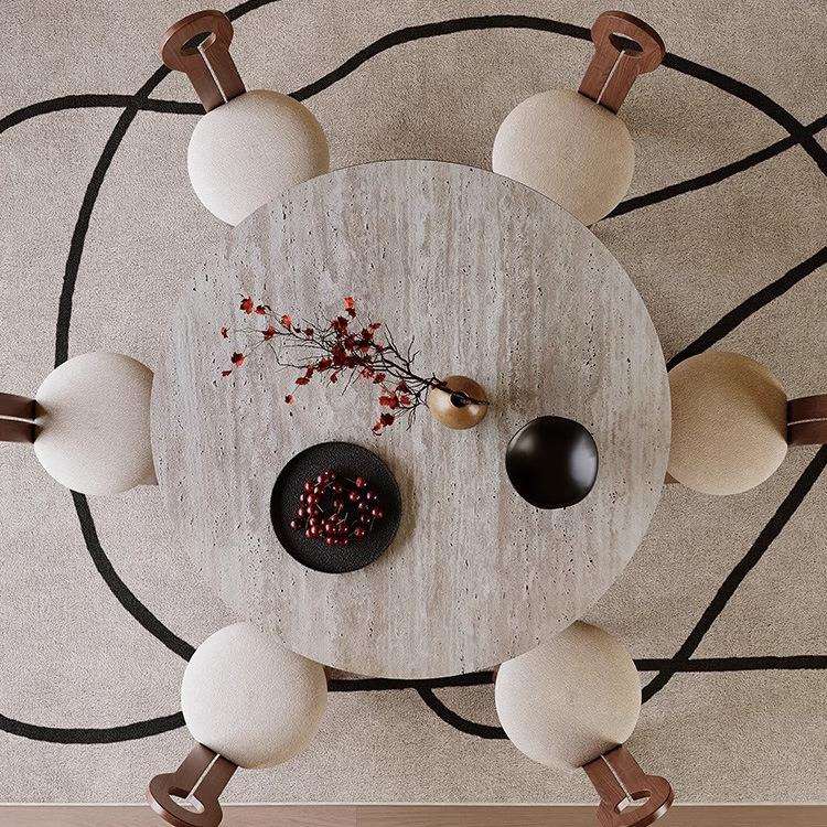 中古风天然洞石圆形餐桌椅组合轻奢感实木饭桌奢石小户型家用 - 图1