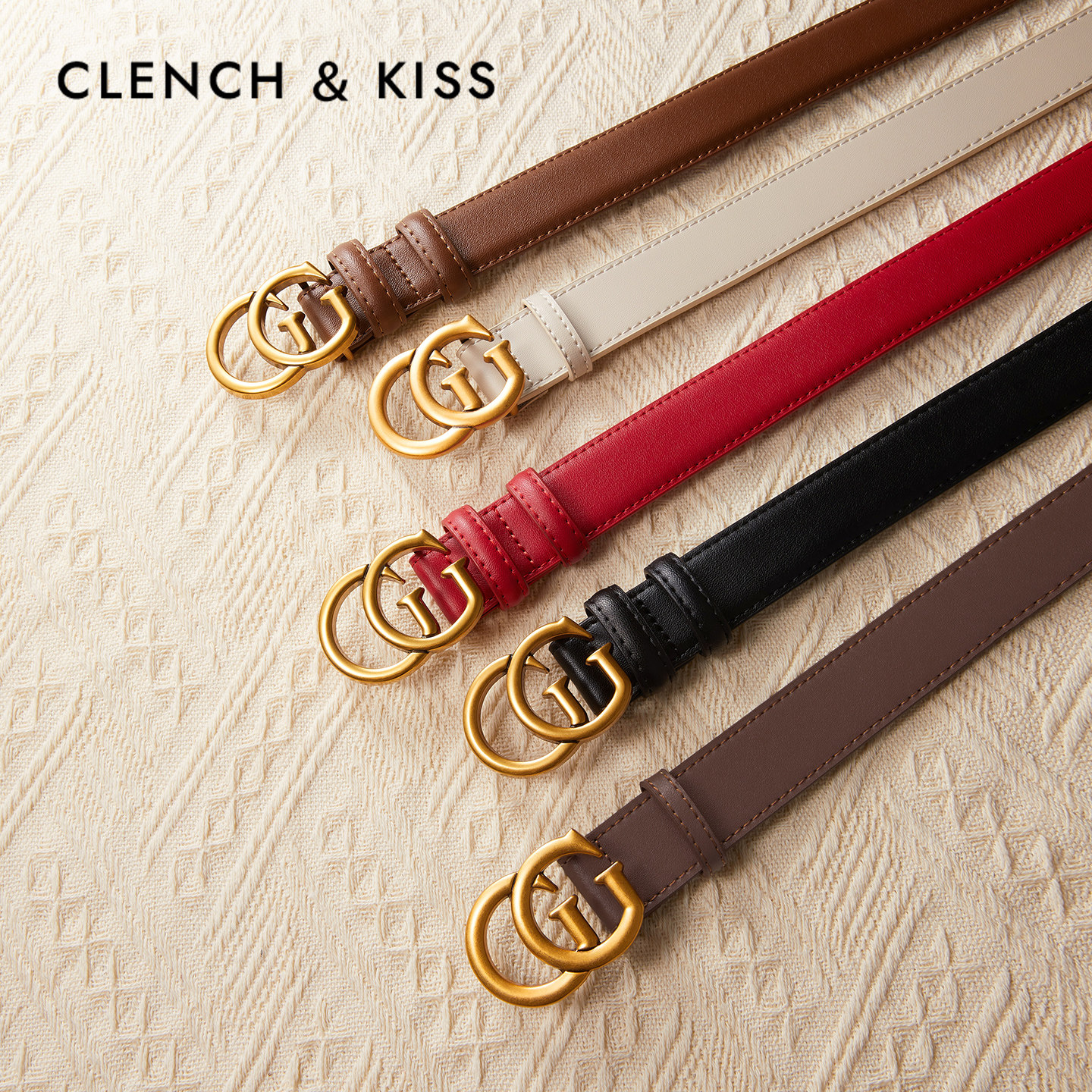 Clench Kiss官网正品真皮皮带女红色小众细腰带装饰配牛仔高级感