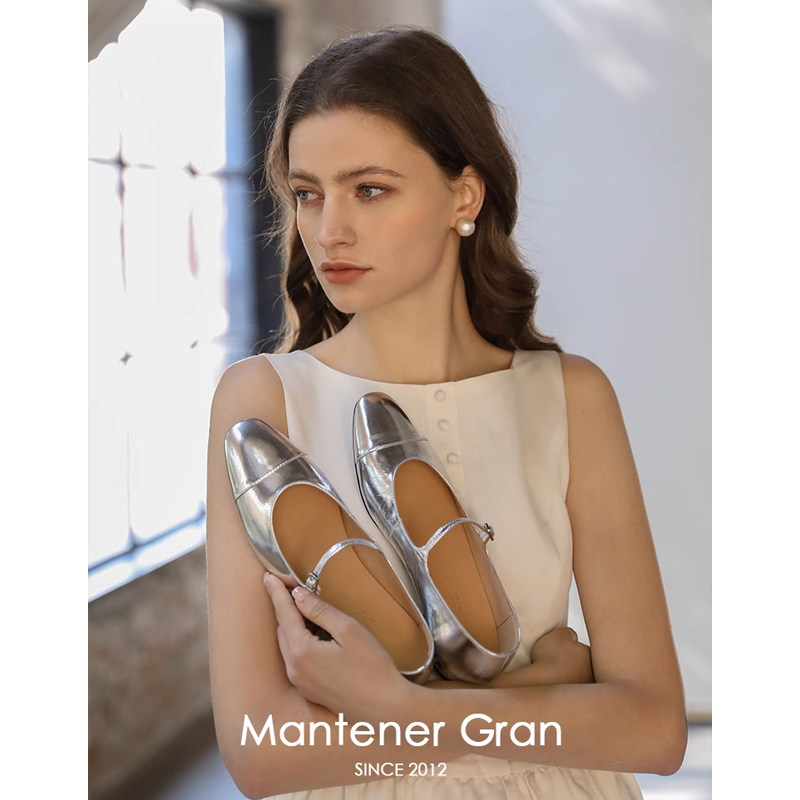 Mantener Gran｜银色玛丽珍鞋女夏季气质法式浅口真皮一字带单鞋,淘宝优惠券,粉丝福利购,淘宝优惠卷