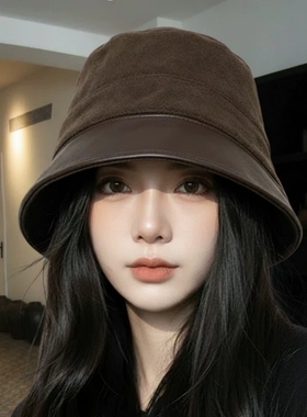 文艺复古风皮质拼接渔夫帽女款2026新款秋冬百搭盆帽显脸小水桶帽