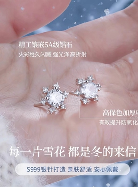 S999银针雪花耳钉轻奢高级感2026新款爆款养耳洞合成锆石耳环耳饰