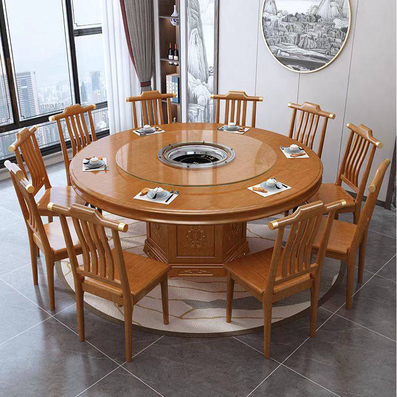 下沉式电磁炉火锅桌新中式实木圆形餐桌椅家用饭店用10人吃饭桌子,淘宝优惠券,粉丝福利购,淘宝优惠卷
