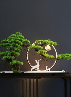 新中式仿真迎客松盆景办公室摆件绿植玄关装饰品样板间酒店微景观