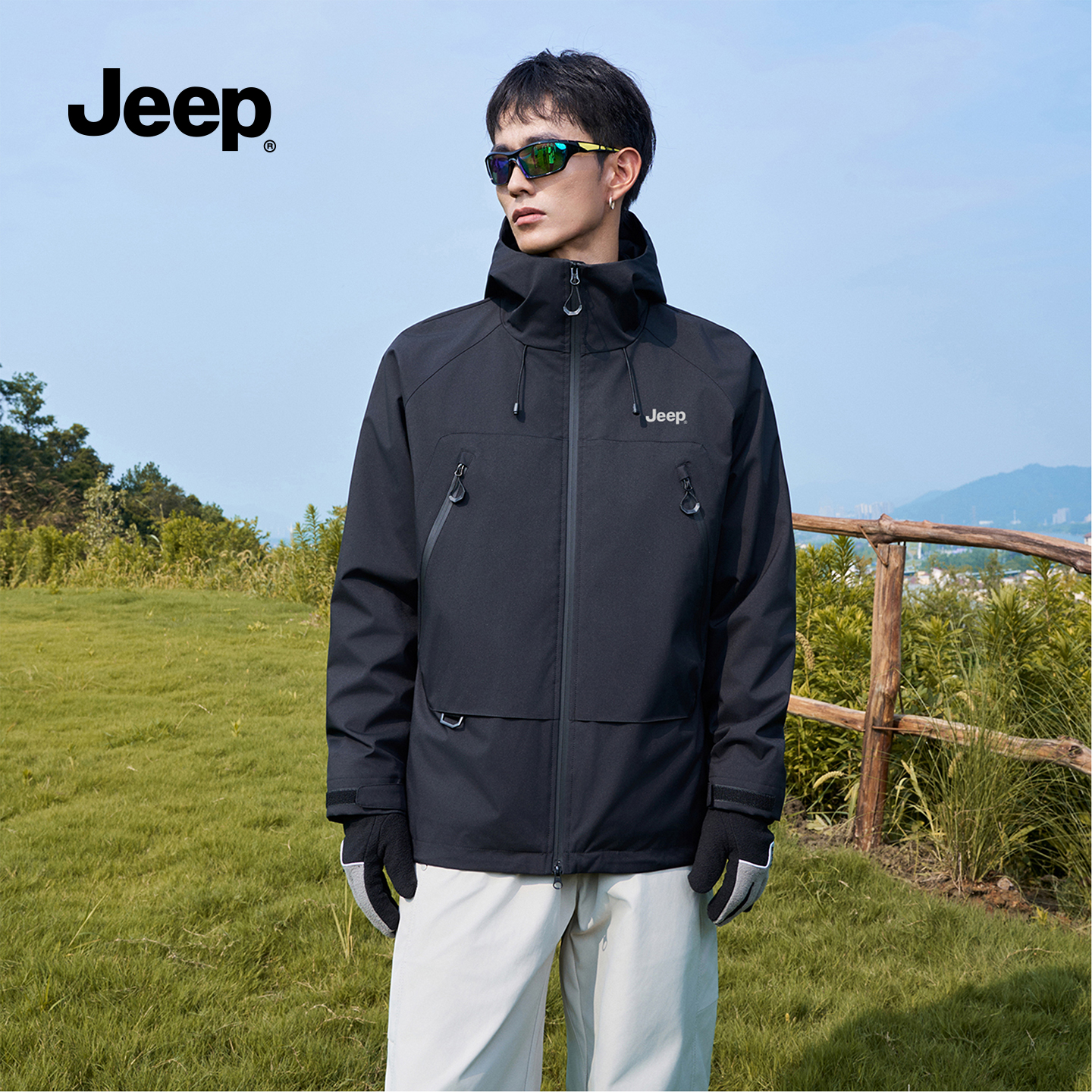 jeep吉普软壳冲锋衣外套男款防风防泼水夹克抓绒保暖上衣女登山服 - 图0