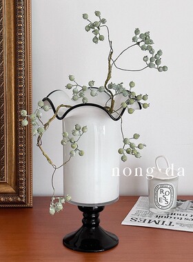 法式赫本风中古vintage琉璃花瓶干鲜花复古装饰摆件黑白波浪边