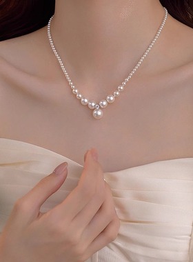 高级感施家珍珠项链水钻锁骨链女
