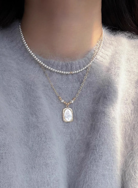 贝母浮雕玫瑰吊坠珍珠项链毛衣链