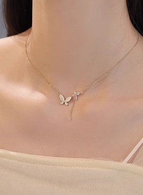 微镶双蝴蝶项链猫眼石水钻锁骨链