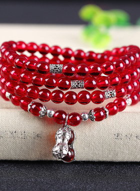 极速酒红石榴石手链手串女款多圈多层4圈新款银R饰108韩版礼物