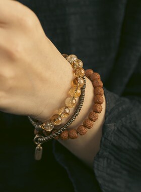 新品非鱼c之家复古民族风天然黄水晶菩提手串男 个性多层手链女手