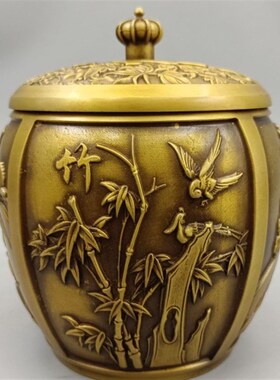 新品古玩铜器收藏纯铜梅兰竹菊铜罐子茶叶罐 O优质黄铜 家居摆件