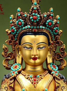 藏村彩珠镶嵌《长寿佛》室内家用全鎏金《常寿佛》铜佛像摆件