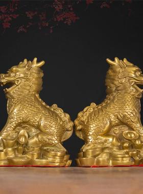 纯铜护宝麒麟摆件一对大小号铜麒麟客厅电视柜乔迁开业家居装饰品