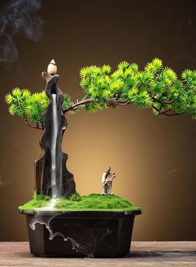 中式创禅意摆件倒流香炉办公室客厅仿真迎客松盆景微景观家居饰品