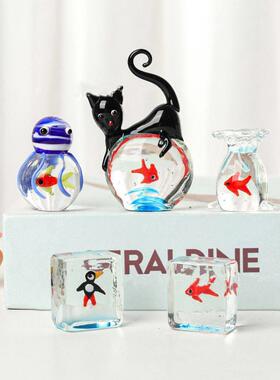 口袋小鱼彩色玻璃摆件工艺品拉丝琉璃桌面客厅卧室居家装饰摆件