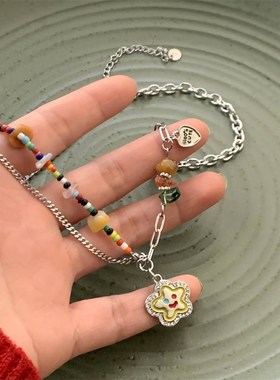 极速彩色串珠笑脸项链女轻奢小众ins设计感多巴T胺锁骨链甜酷潮牌