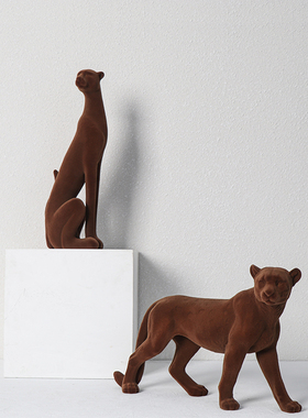 新品新中式现代简约棕色植绒豹子动物G摆件样板房售楼处电视柜软