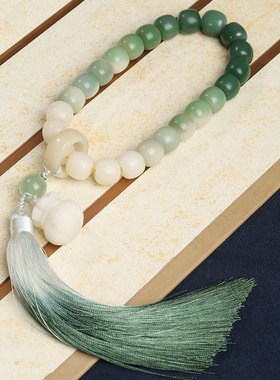 极速天然渐变绿阴皮白玉菩提手串手把件老型桶佛珠念珠Z手持文玩