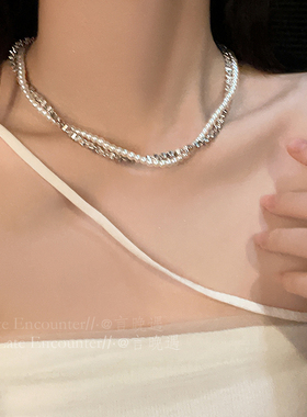 极速碎银子仿珍珠双层项链女法式轻奢小众锁骨链气质名媛2.023新