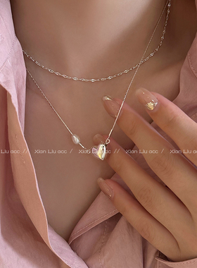 极速双层天然珍珠金属爱心项链女个性G小众复古颈链简约百搭气质