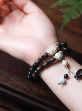 极速黑檀木手串竹节款搭配寿山石复古小众中O性风黑色双圈女款文