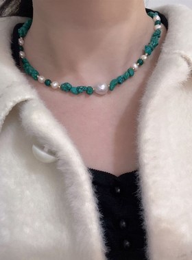 极速欧美2023杂l志ins博主推荐新款设计绿色不规则天然石淡水珍珠