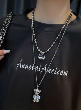 极速Titanium steel full diamond double-layer BearU Necklace
