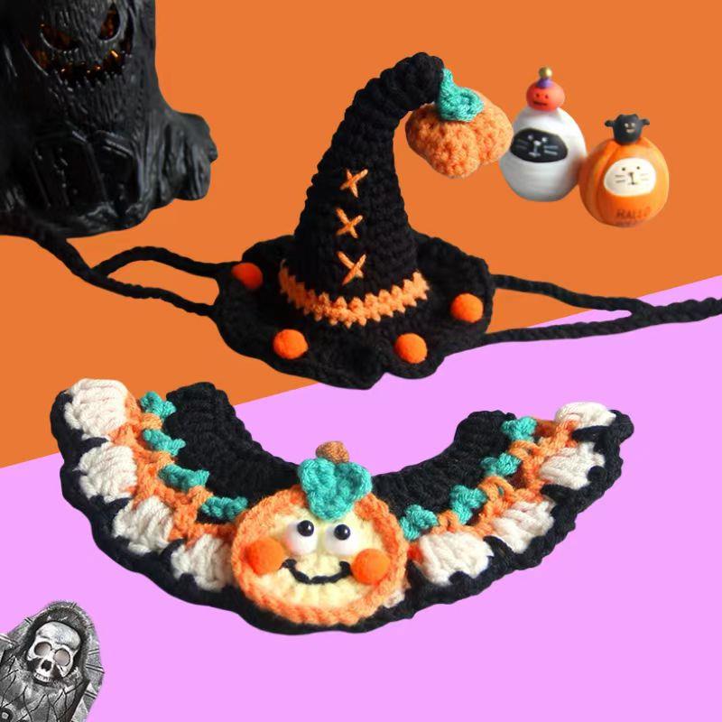 万圣节宠物围兜猫咪围脖狗狗帽子手工针织项圈口水巾南瓜衣服饰品 - 图1