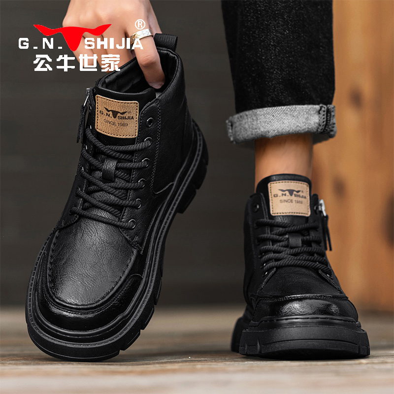 公牛世家高帮马丁靴男款冬季加绒厚底工装风男士复古英伦机车短靴 - 图2