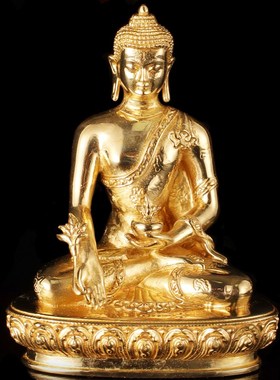 速发藏密坊 三世佛车铜2寸释迦药随阿弥陀佛装噶乌黄载内供师身小