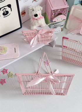 ins少女心桌面收纳篮迷你购物篮可爱粉色蝴蝶结铁艺摆件装饰道具