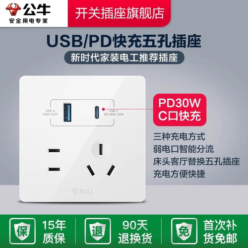 公牛开关插座type-cPD快充USB五孔插座面板苹果充电暗装86型G12白 - 图0