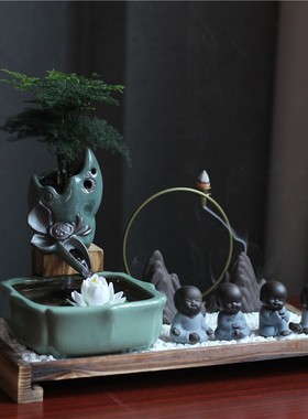 速发中式创意陶瓷流水礼摆件招财办面室客厅禅意桌公沙盘开业器品