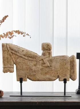 印尼进口千里马天然石雕塑摆件新中式侘寂风样板间客厅玄关装饰品