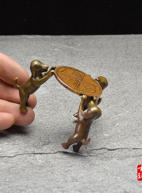 速发中式古典小铜器装饰品抬铜书房摆件三只币狗纯钱小茶玩盖置茶