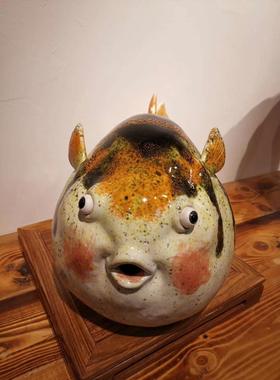 石湾公仔陶瓷河豚鱼创意摆件新中式电视柜博古架装饰品小鱼儿摆设