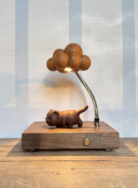 木雕猫咪元素充电小夜灯桌面装饰木质创意礼品原木制实木夜灯摆件