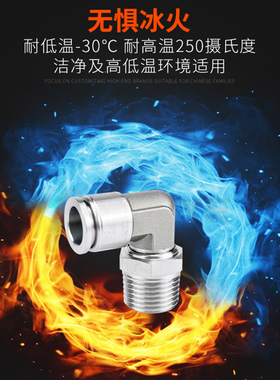 304不锈钢快插气管接头气动快速接头PL8-02直角弯高温高压耐腐蚀