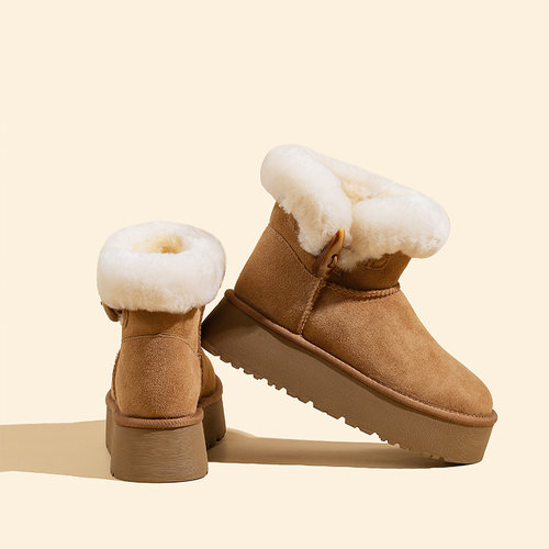 桑坡2025新款牛角扣雪地靴女冬季厚底羊皮毛一体加绒加厚防滑保暖 - 图0