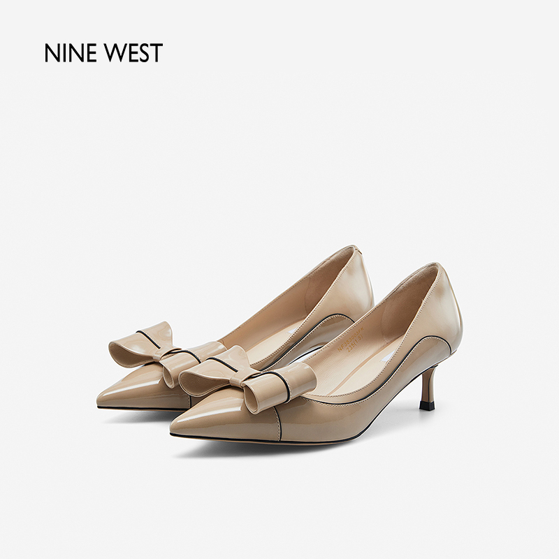 Nine West/玖熙蝴蝶结单鞋女秋季新款牛漆皮浅口尖头高跟鞋气质