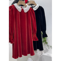 South Korean childrens clothing girls winter dress 2023 new foreign air children warm red velvet dresses female baby