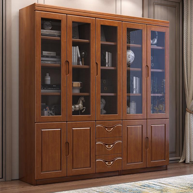 新中式实木书柜书房带玻璃门书架靠墙置物架现代简约收纳柜展示柜 - 图1